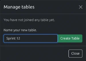 The Manage tables dialog