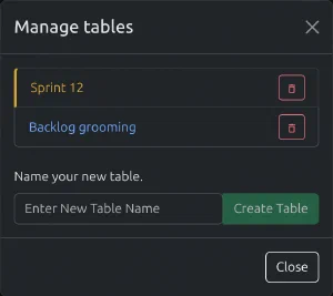 The Manage tables dialog