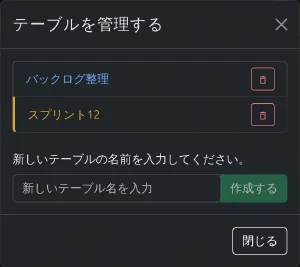 テーブルを管理するダイアログ